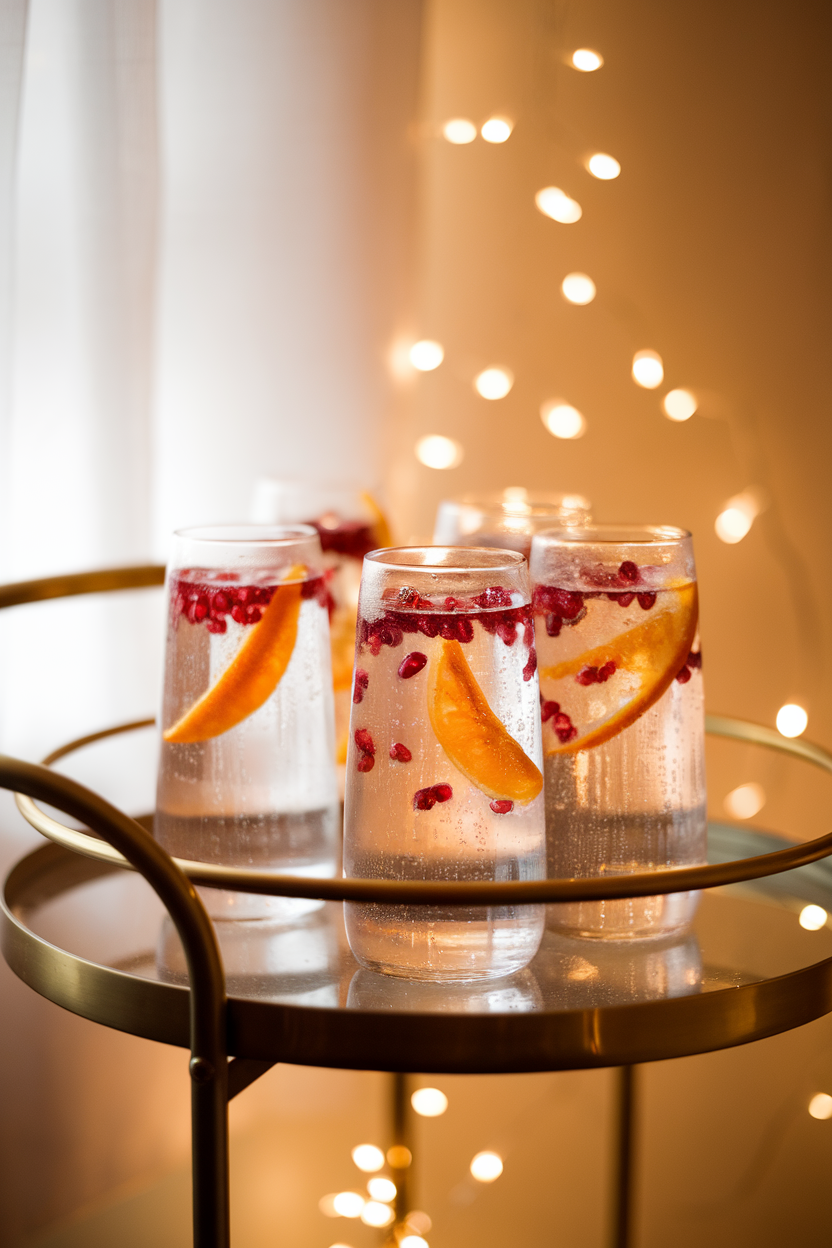An indoor bar cart holding tall stemless glasses of sparkling water dotted with pomegranate arils and thin orange slices, condensation on the glass. Soft holiday lights blur in the background. Photo, not illustration, no text or logos.