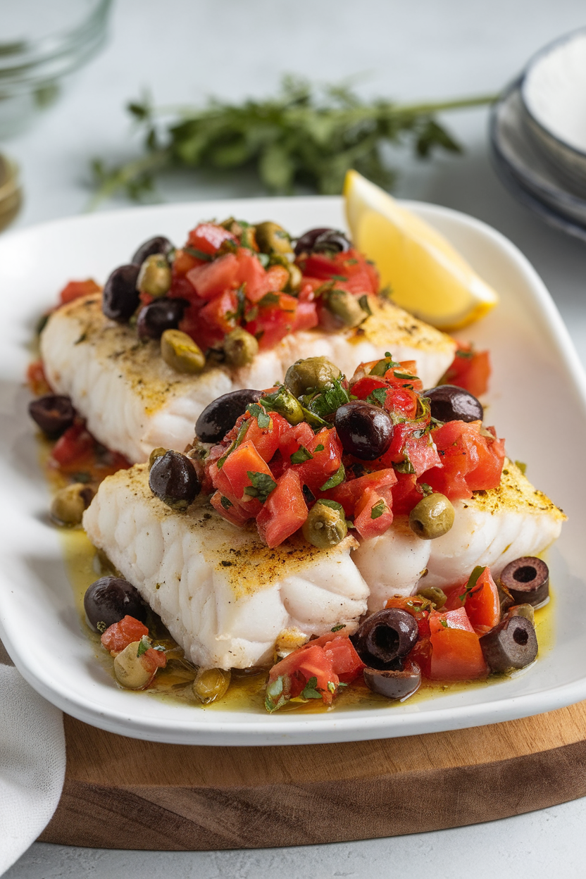 An indoor photo of flaky baked cod topped with a chunky tomato, olive, and caper relish on a white serving platter. No text or logos.