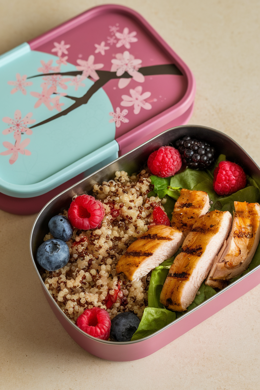 Photo of an indoor bento box with quinoa salad, grilled chicken strips, and fresh berries ready to go. No text or logos.