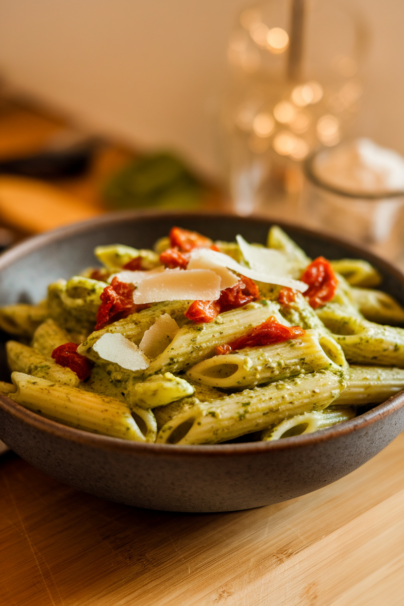 A wide indoor bowl of penne coated in creamy green pesto, dotted with chopped sun-dried tomatoes and Parmesan shavings. No text or logos anywhere.