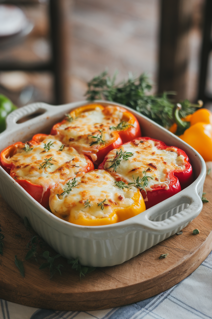Indoor casserole dish lined with halved bell peppers filled with herby egg mixture, cheese bubbling on top. No logos or text.