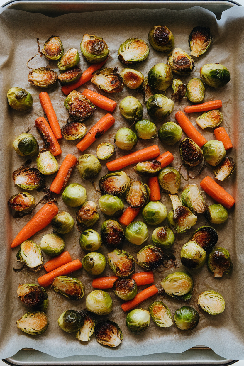 Photo prompt: A parchment-lined indoor baking sheet of caramelized Brussels sprouts and carrots fresh from the oven, no text or logos.