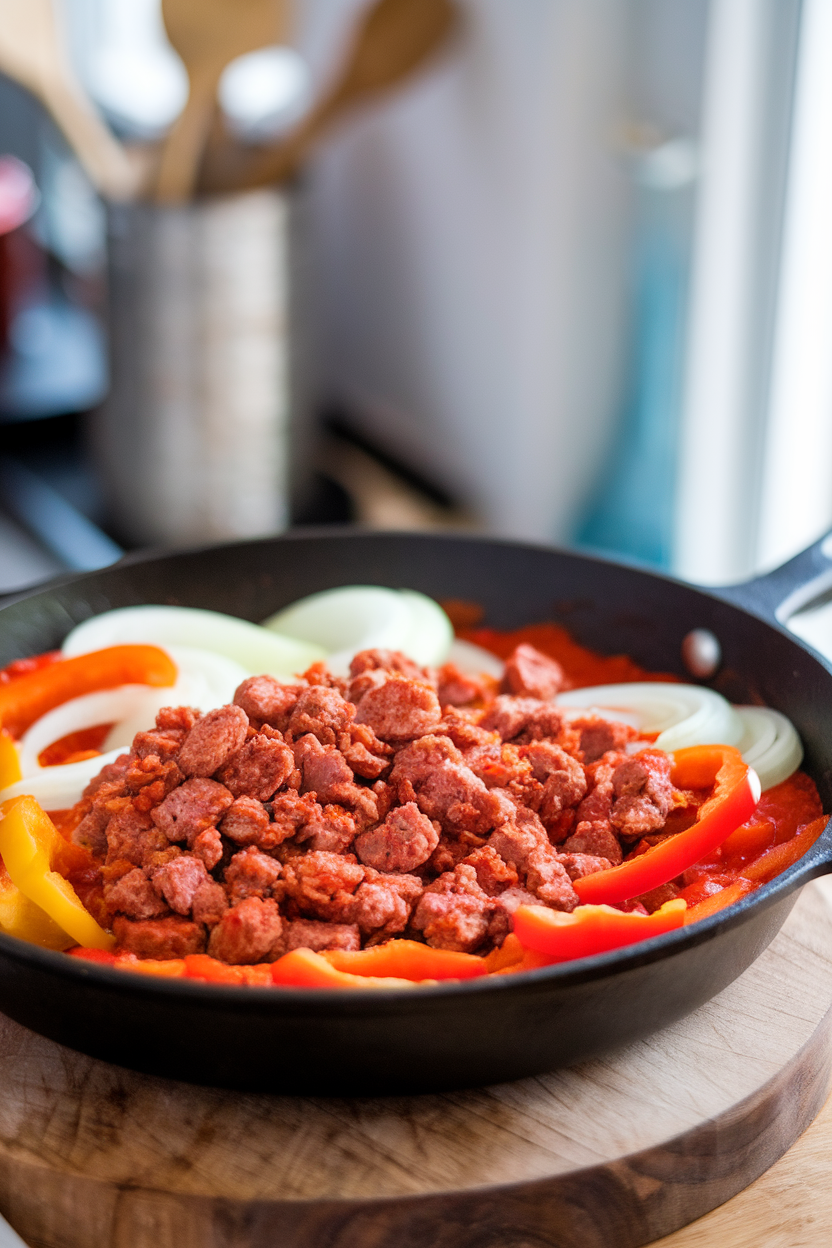 Indoor photo of a skillet filled with turkey sausage crumbles, sliced bell peppers, onions, and tomato sauce, no text or logos.