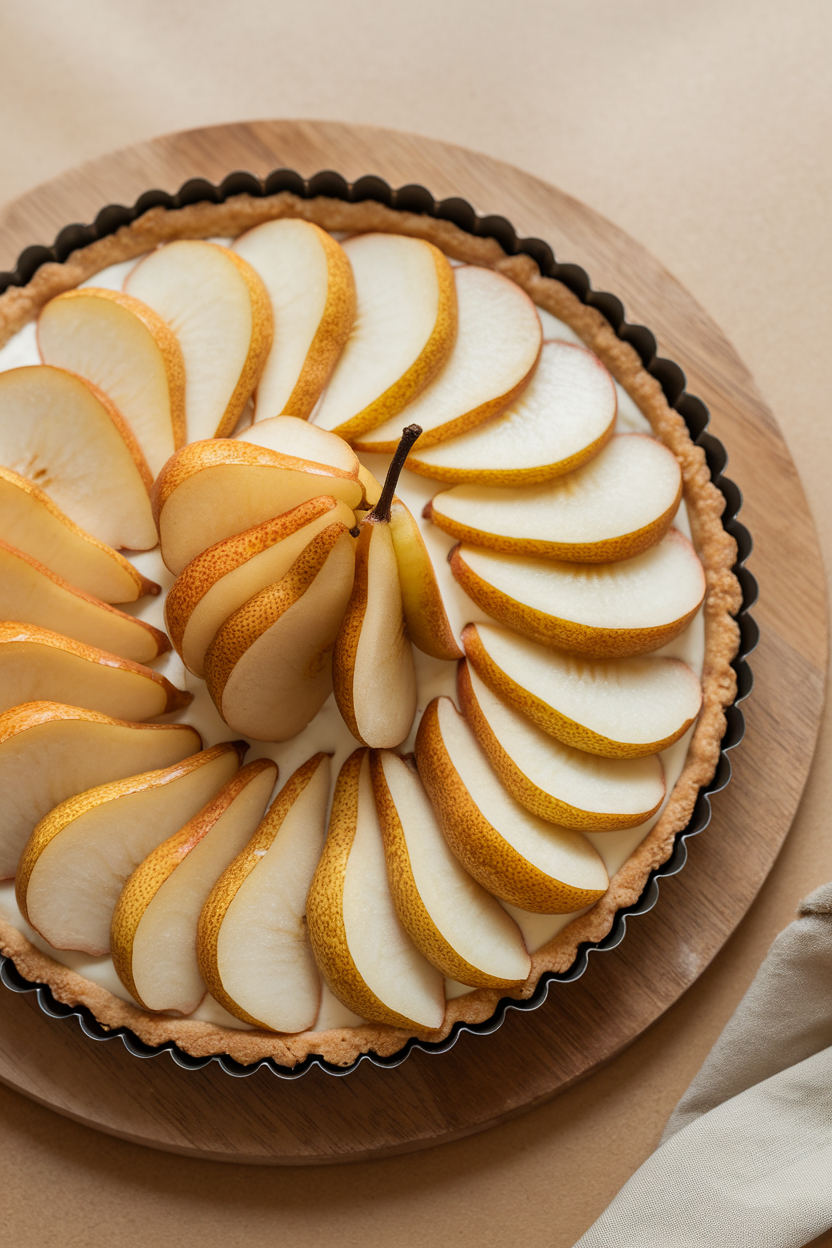 Indoor tart pan displaying an almond cream pear tart, pear halves fanned beautifully atop frangipane; no logos. Photo, not illustration.