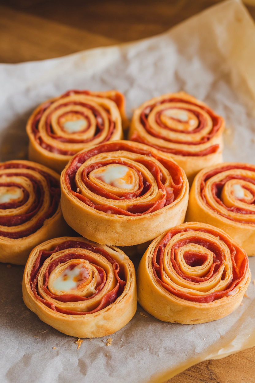 Indoor photo of spiraled puff-pastry pinwheels showing pepperoni and melted cheese layers, stacked on parchment. No text or logos.