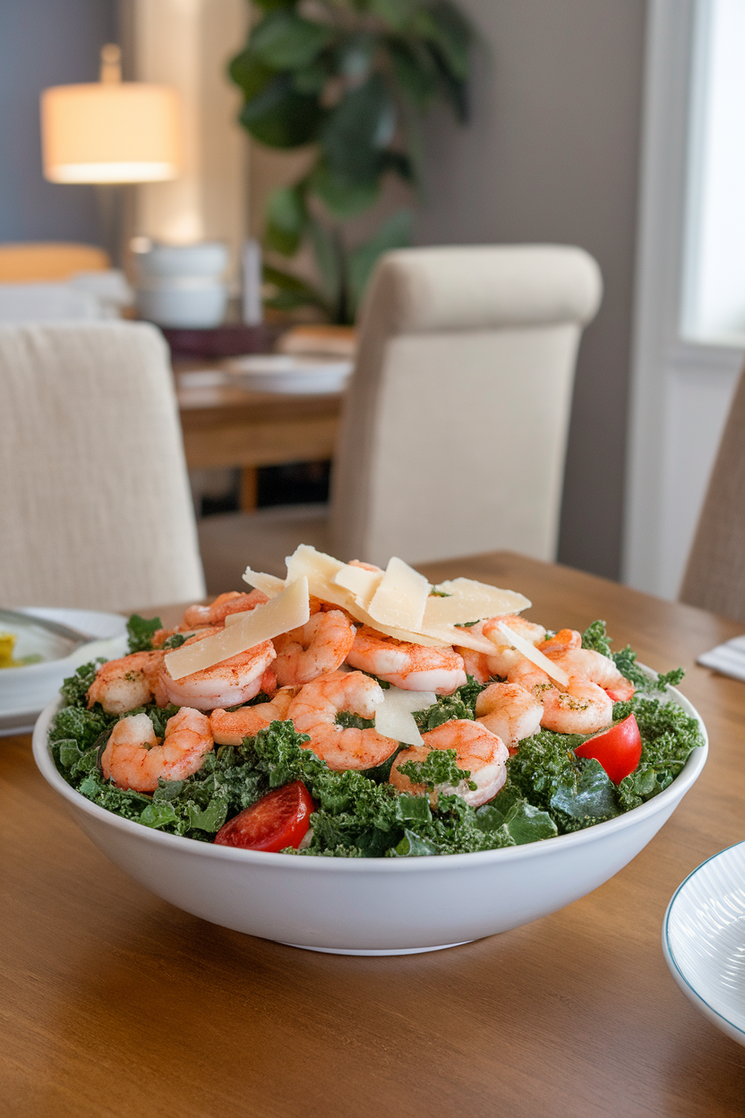 Photo of a big bowl of kale Caesar topped with grilled shrimp and shaved Parmesan, indoor dining room. No text or logos.</Prompt