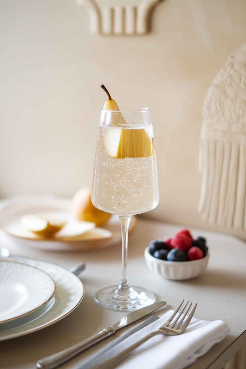 Indoor brunch table with a flute of pale cardamom pear bellini, tiny pear cube floating, bubbles rising. Photo, no text or logos.