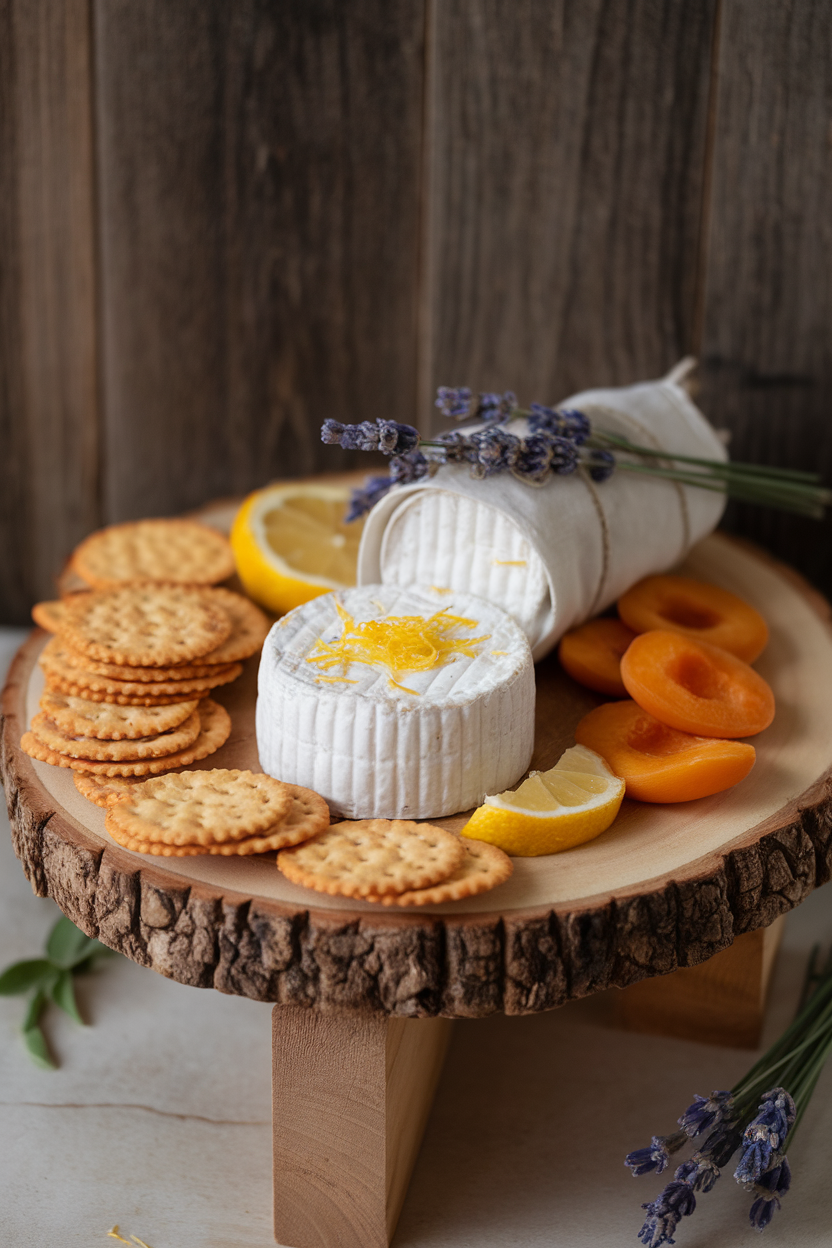 Indoor photo of a board featuring lavender-infused goat cheese log, lemon zest sprinkled on top, sesame crackers, and dried apricots; no logos