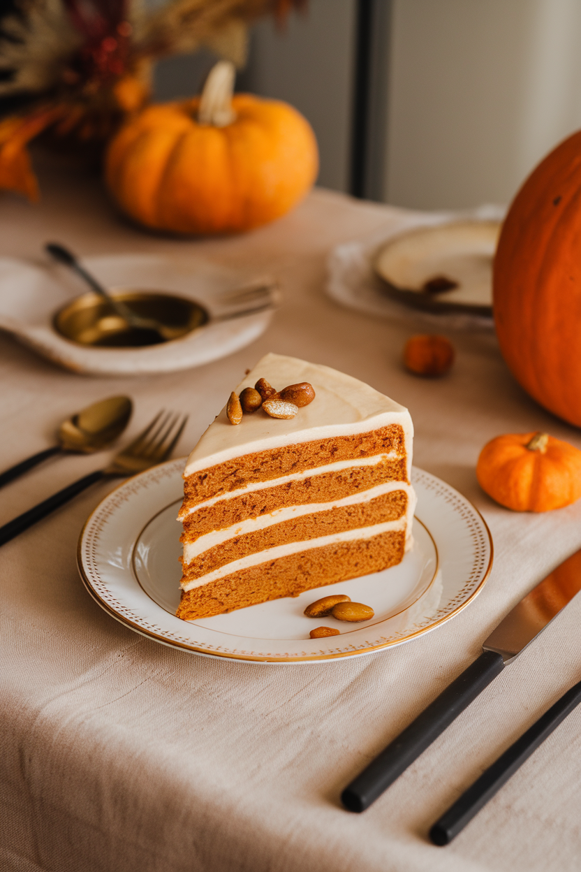 An indoor harvest-style table featuring a slice of pumpkin cake with brown-butter cream cheese frosting and candied pepitas. No text or logos. Photo, not illustration.