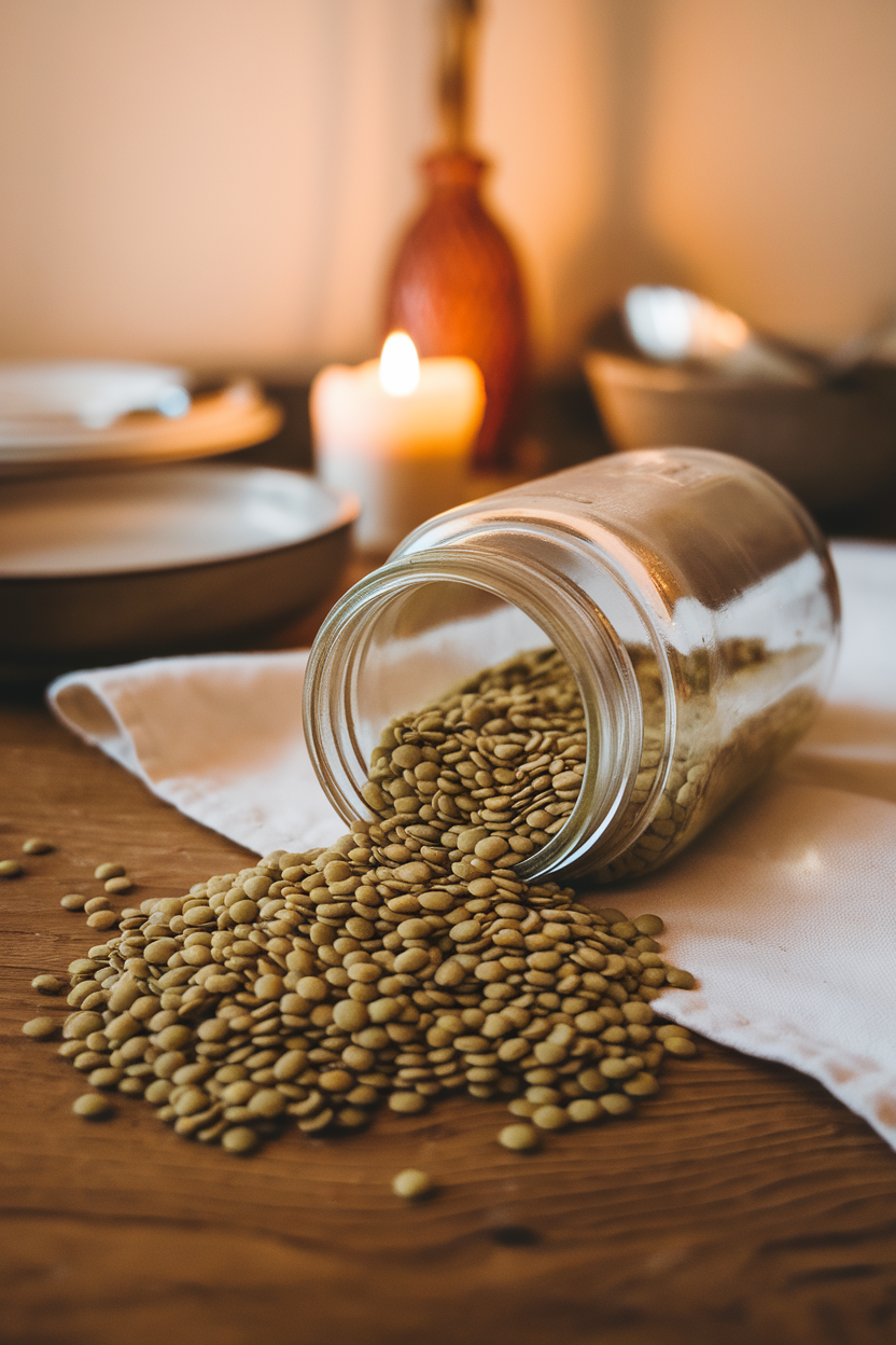 Indoor mason jar tipped over, spilling uncooked green lentils onto a wooden surface; warm lighting; no text or logos. Photo.