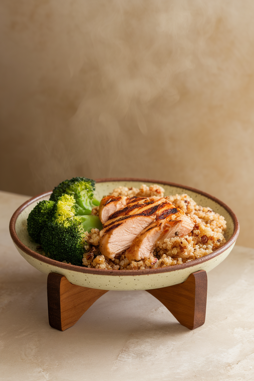 Photo of a ceramic plate indoors holding grilled chicken, fluffy quinoa, and steamed broccoli, steam visible, no text or logos.