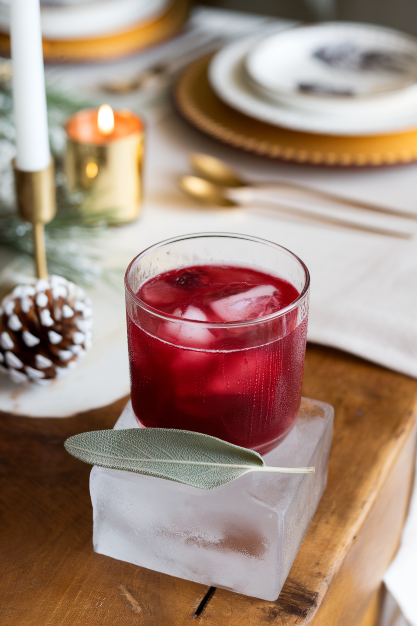 Indoor photo of rocks glass with deep red cranberry mocktail, sage leaf resting on ice block, condensation on glass; holiday table; no text or logos.