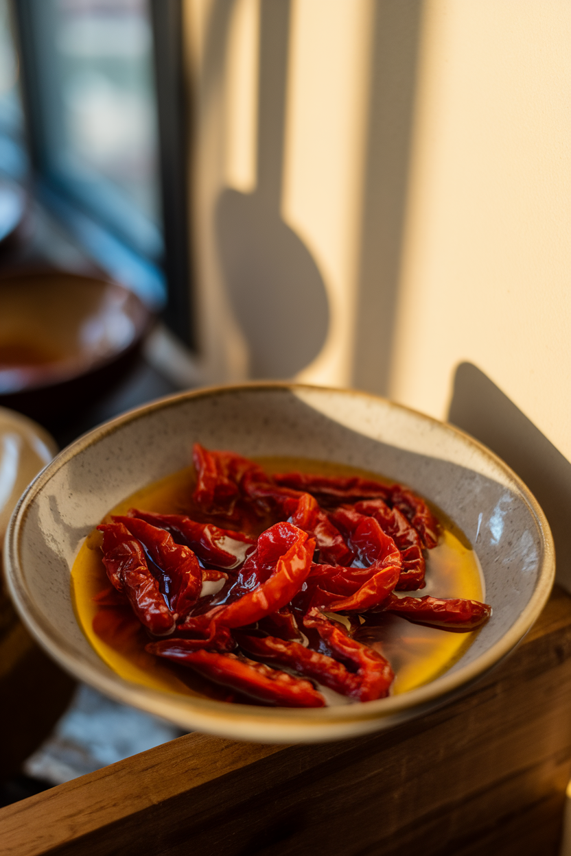 A shallow indoor bowl of oil-packed sun-dried tomato strips, ruby red and glossy, under warm light; no text or logos, photo.