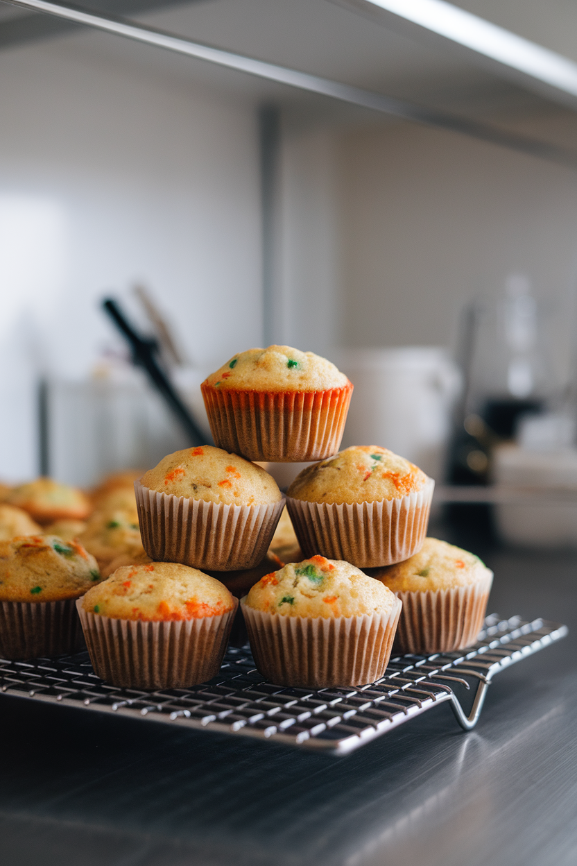 An indoor cooling rack stacked with small golden muffins, tiny orange and green specks visible. No text or logos anywhere.