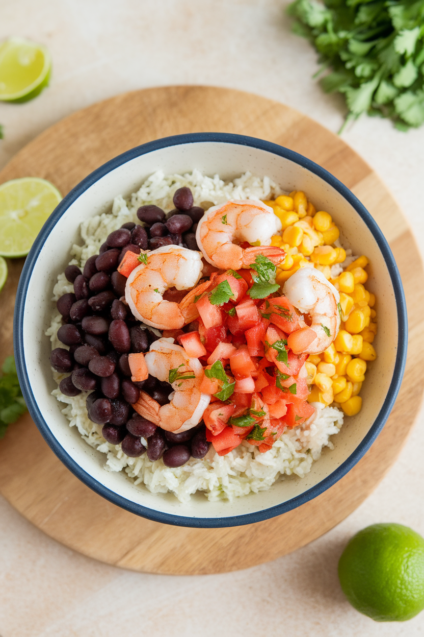 Indoor bowl photo with a base of cilantro rice topped by cooked shrimp, black beans, corn, and pico de gallo; overhead lighting, no text or logos.