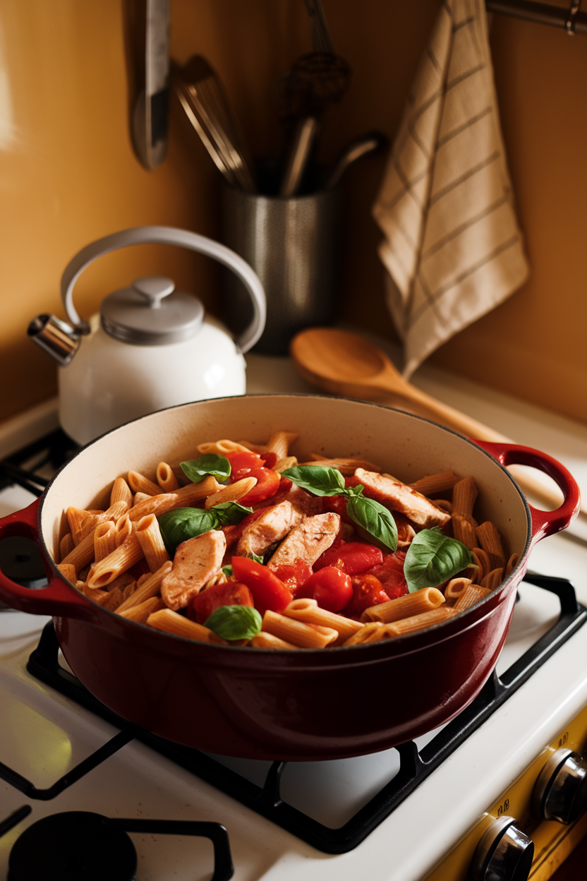 A warmly lit indoor stovetop scene with a Dutch oven of whole-wheat penne, tomato chunks, chicken strips, and fresh basil leaves. No text or logos. Photo.