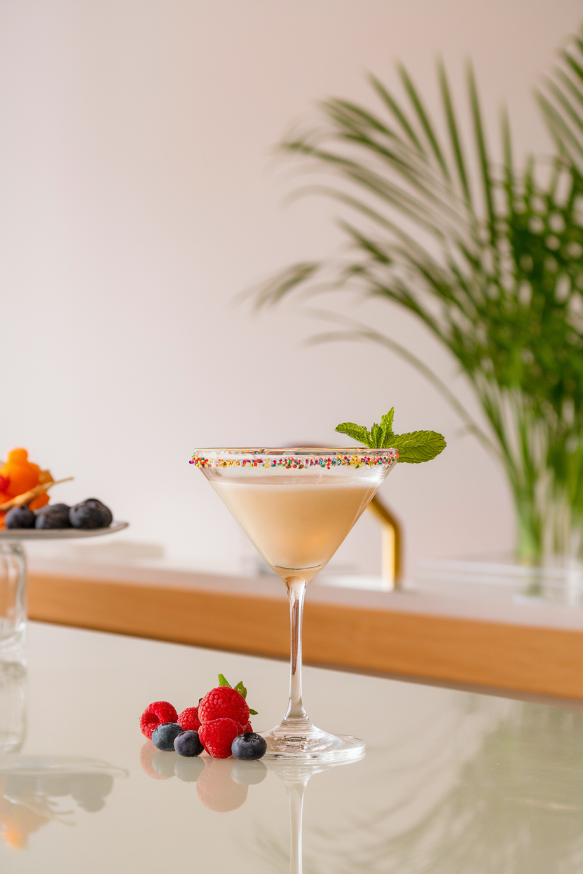 Indoor dessert counter displaying a chilled martini glass coated with colorful non-pareils on the rim and filled with a pale, creamy cocktail. No text or logos; photograph, not illustration.