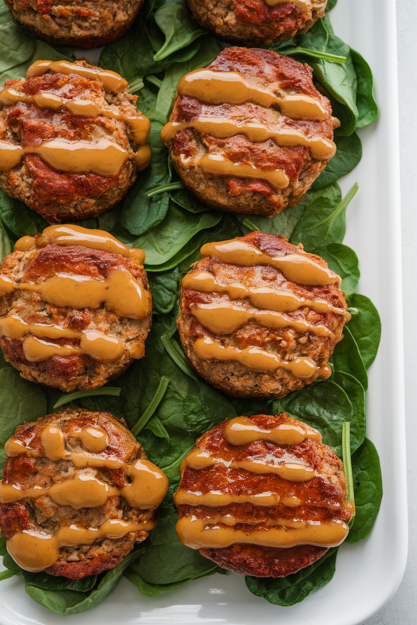 Indoor photo of individual turkey meatloaf muffins glazed with maple-Dijon sauce, arranged on a white platter, no text or logos.