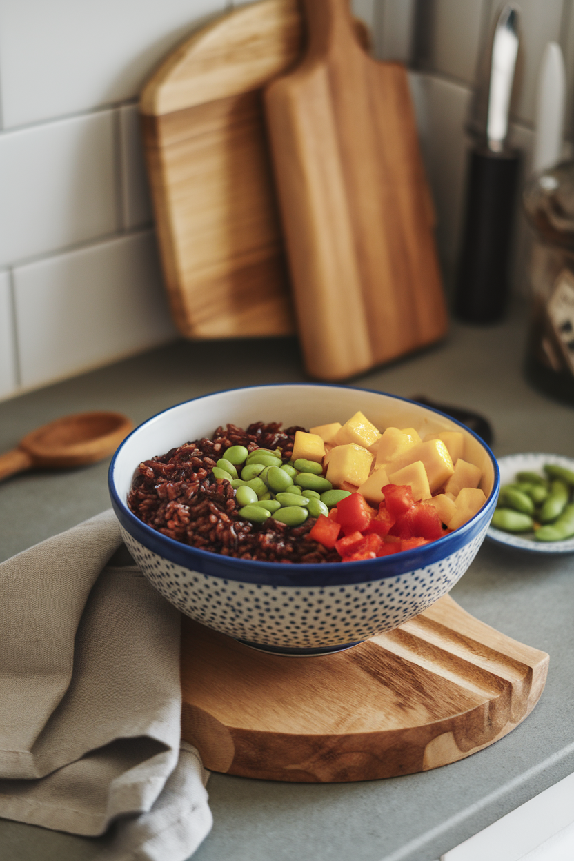 Photo of an indoor countertop scene with a colorful bowl of cooked black rice, diced mango, shelled edamame, and red bell pepper cubes. No text or logos anywhere.