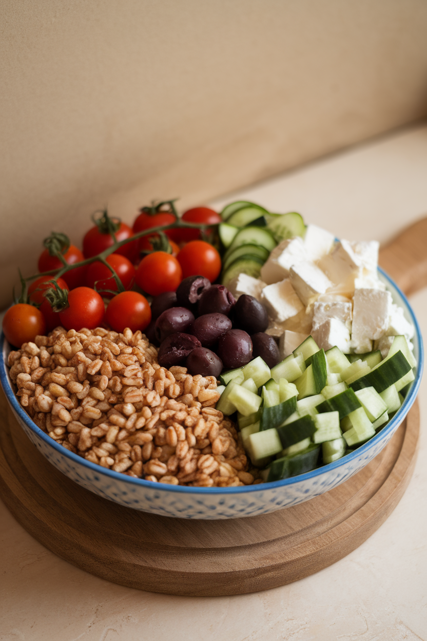 Photo of a bowl filled with farro, cherry tomatoes, cucumbers, feta, and olives arranged in sections, shot indoors, no text or logos