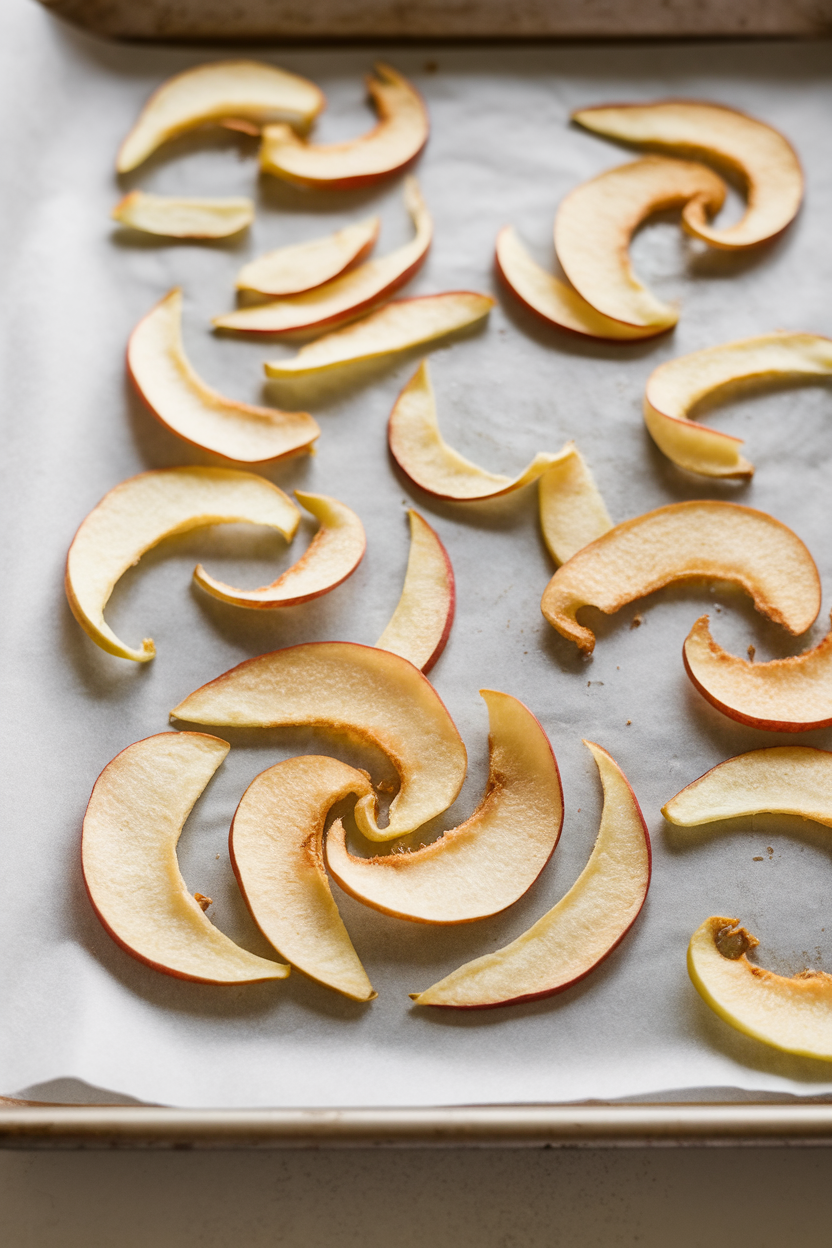 Photo of thin apple chips with curled edges on a parchment-lined sheet pan, taken indoors. No text or logos. Photo, not illustration.