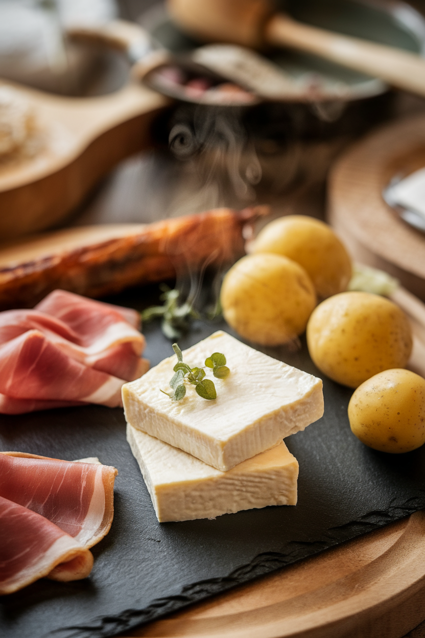 A cozy indoor scene with a slate board featuring raclette squares, speck, cornichons, and boiled baby potatoes, steam lightly visible; no text or logos