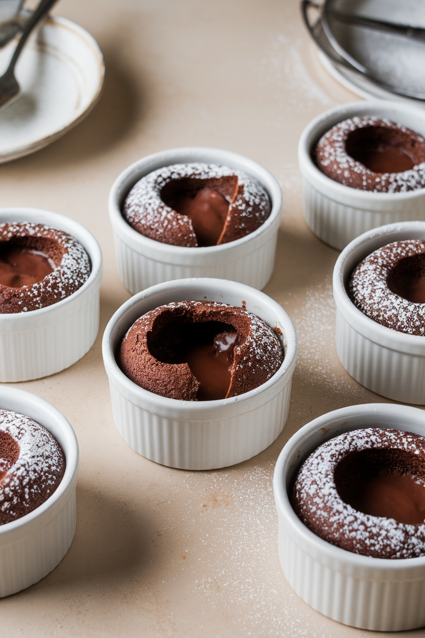 Indoor photo of individual ramekins showing cracked tops with molten chocolate oozing out, dusted with powdered sugar. No text or logos.
