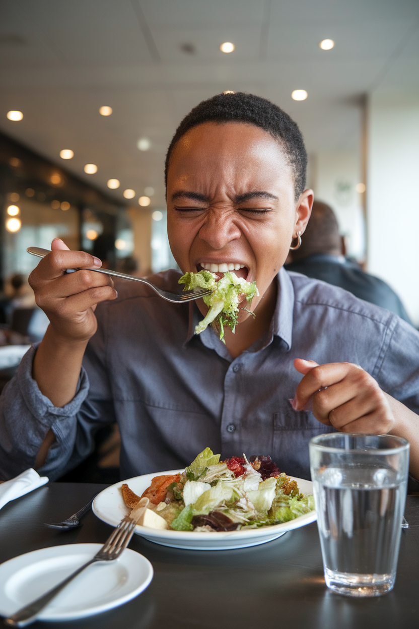 An indoor dining scene where a person counts with fingers while chewing a forkful of salad, plate and water glass visible. No logos or text.