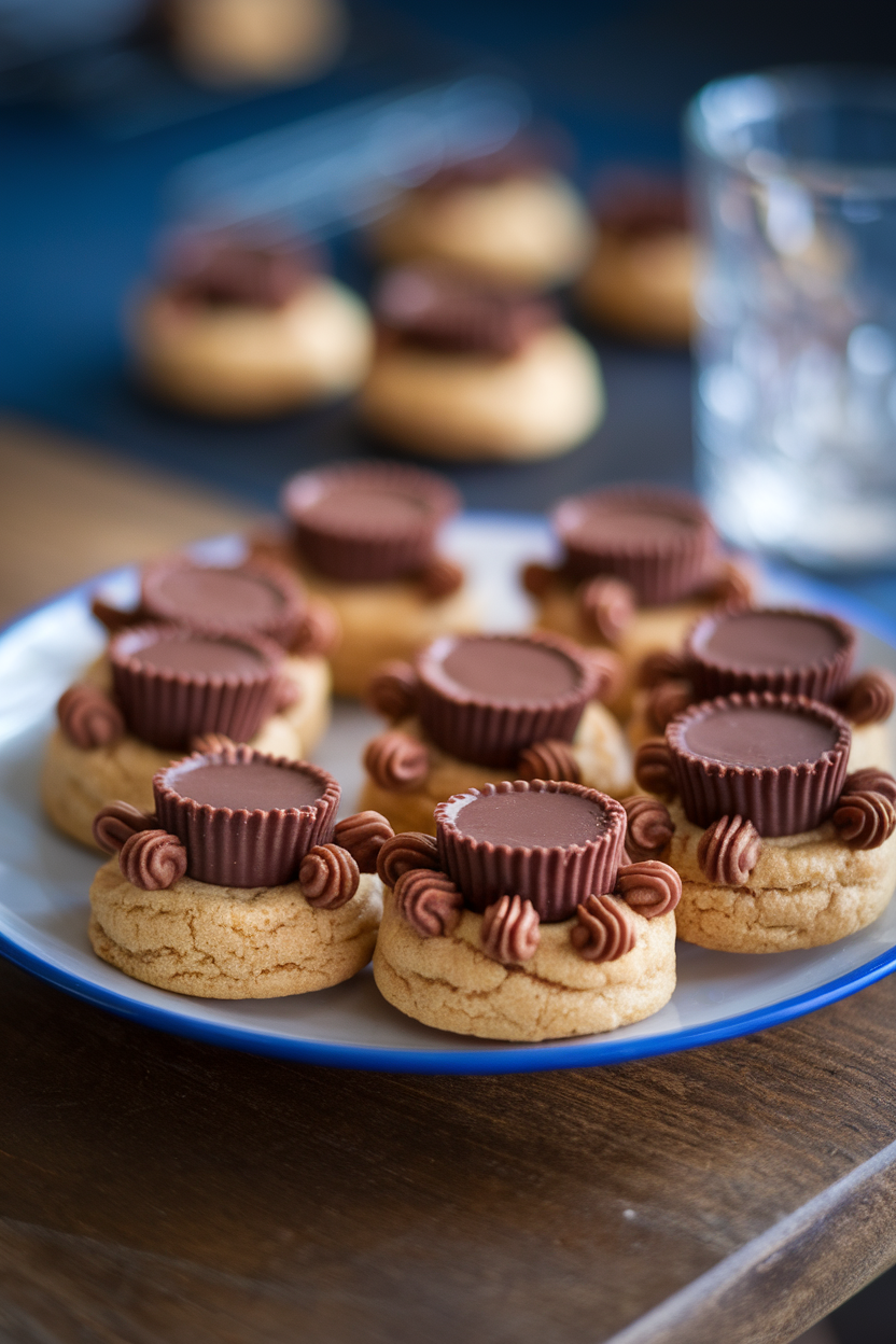 A plate of round peanut-butter cookies topped with mini chocolate peanut butter cups and piped chocolate “legs,” indoor table setting, no text or logos.