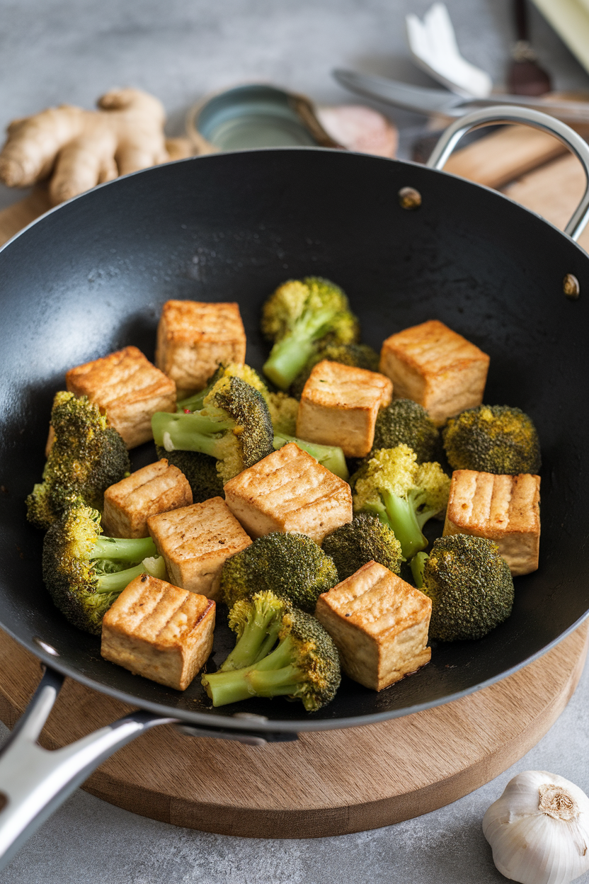 Indoor wok containing golden seared tofu cubes with broccoli florets in light ginger soy glaze; no text or logos, photo style.