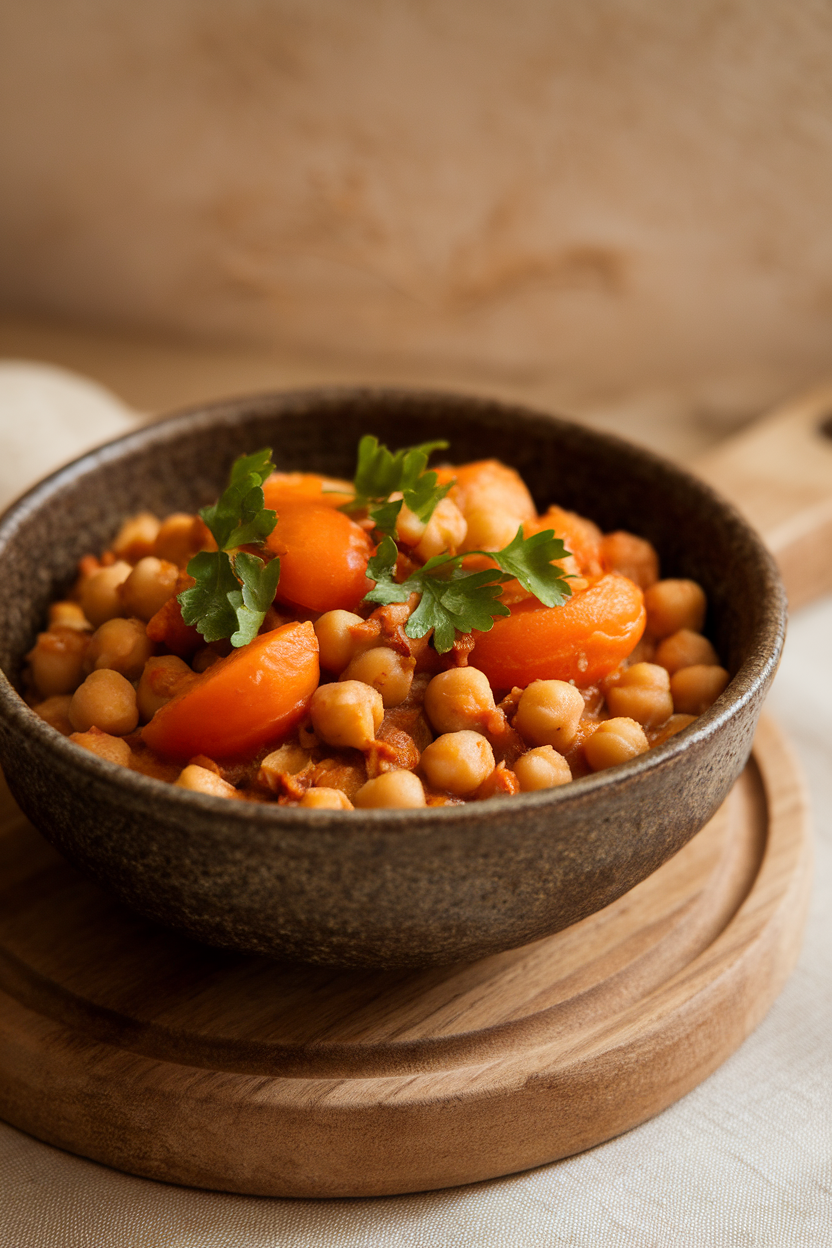 Photo of a rustic bowl of spiced chickpea stew with carrots and apricots, garnished with parsley, indoor setting. No text or logos.</Prompt
