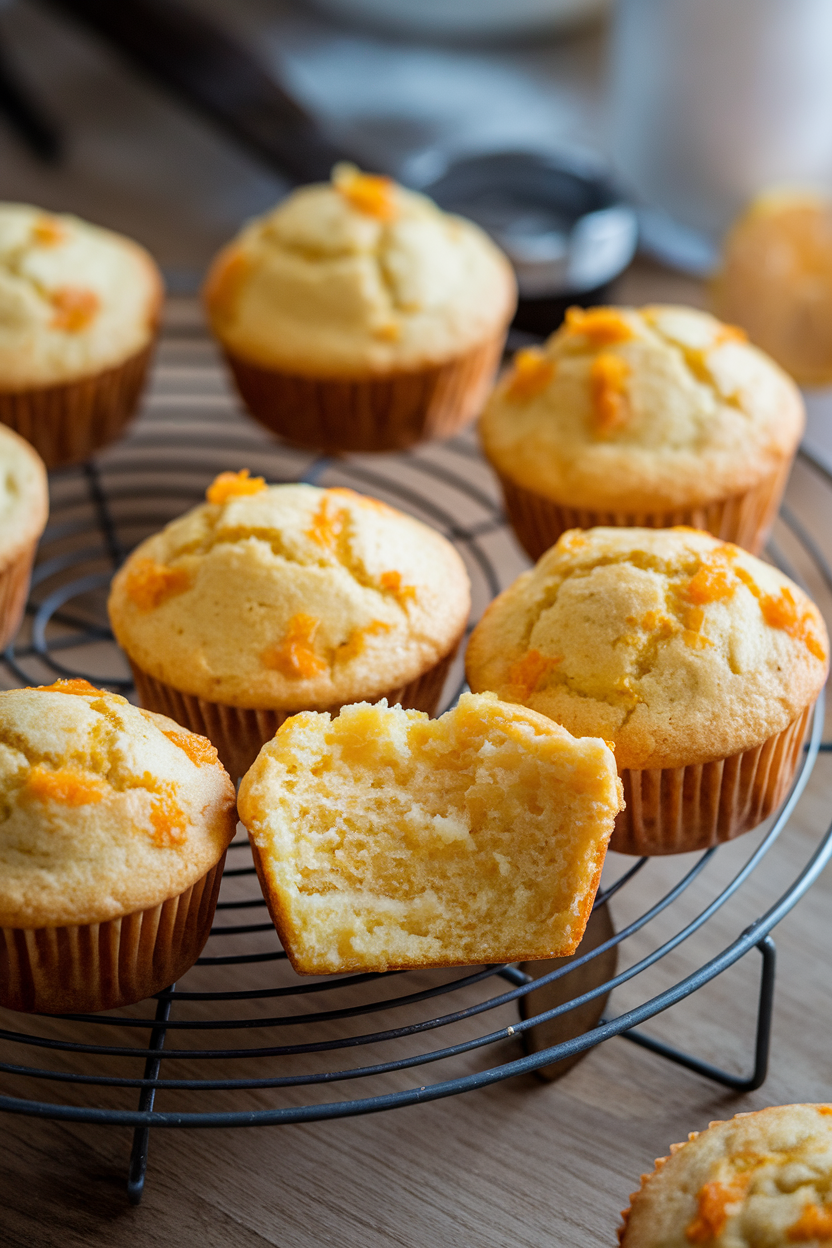 Photo of an indoor wire rack of golden muffins studded with orange zest, one broken open to show tender crumb. No text or logos visible.