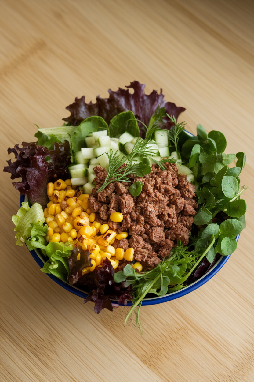 Indoor bowl of mixed greens topped with grilled corn kernels, beef crumbles, diced cucumber, and fresh herbs—no text or logos.