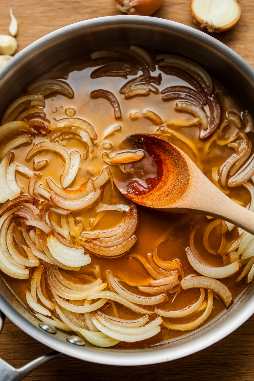 Photo of an indoor skillet with onions being sautéed in vegetable broth, wooden spoon stirring. No text or logos present.