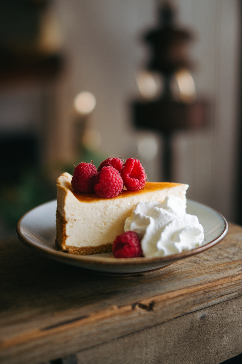 Photo of a small indoor dessert plate holding a modest slice of cheesecake topped with fresh raspberries, no text or logos.