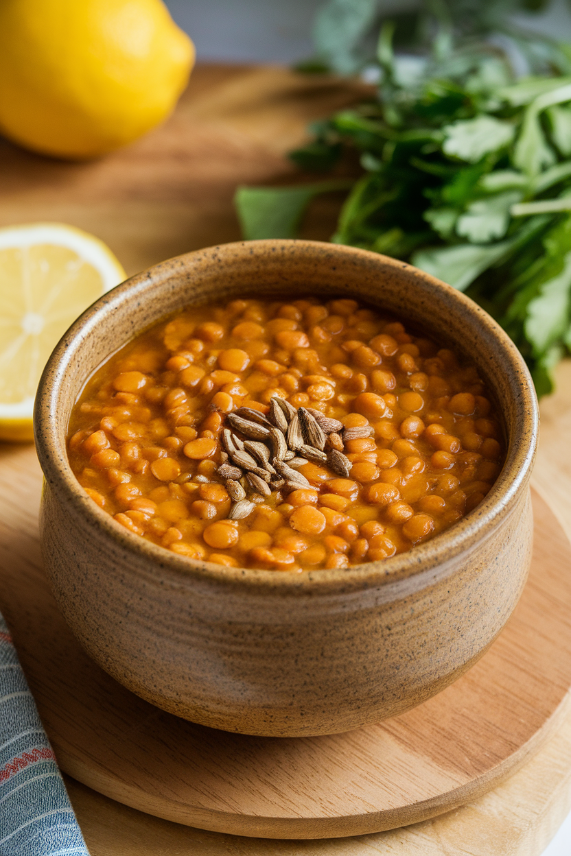 A ceramic indoor bowl filled with orange-hued lentil soup, cumin seeds visible on top; no text or logos.
