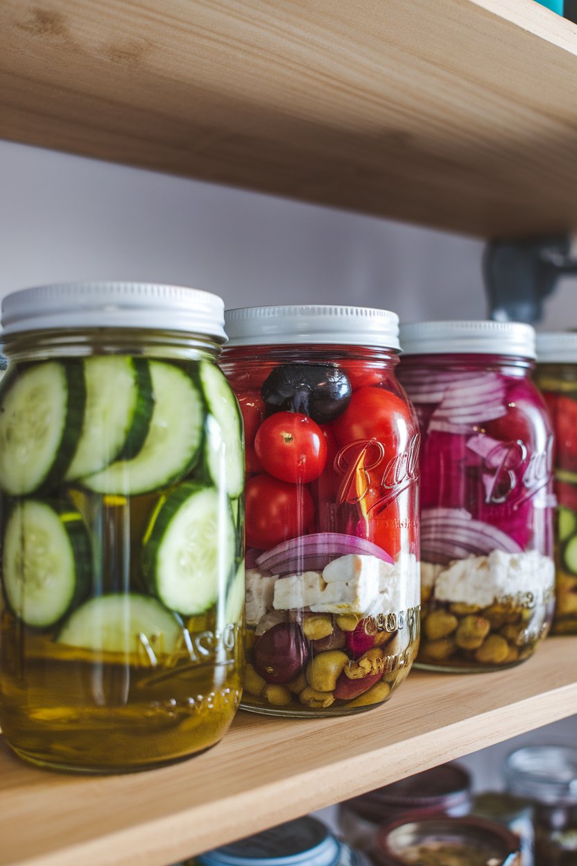 An indoor shelf view of mason jars layered with cucumber, cherry tomatoes, olives, red onion, and feta, olive oil at the bottom. No text or logos. Photo.