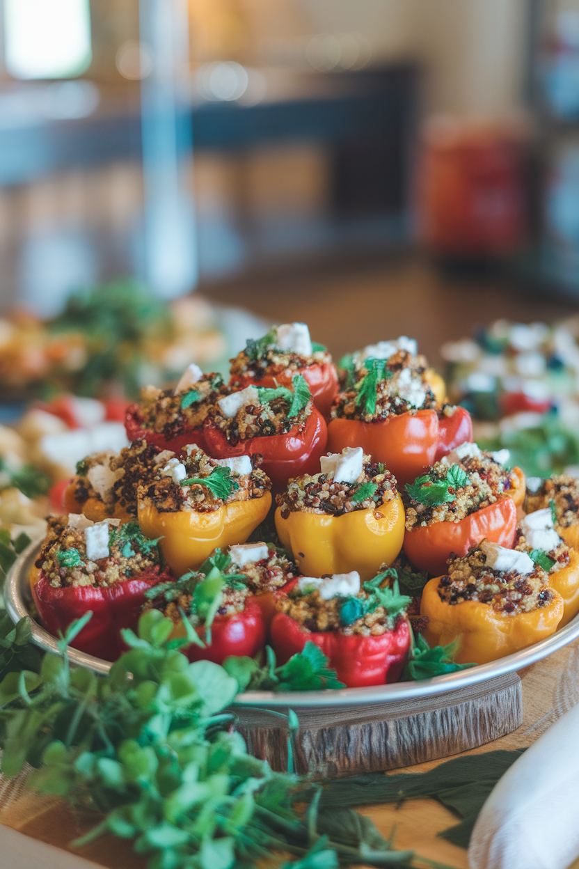 A bright indoor appetizer tray piled high with roasted mini bell peppers, each stuffed with colorful quinoa, herbs, and crumbled feta. Photo taken at eye level; no text or logos anywhere.