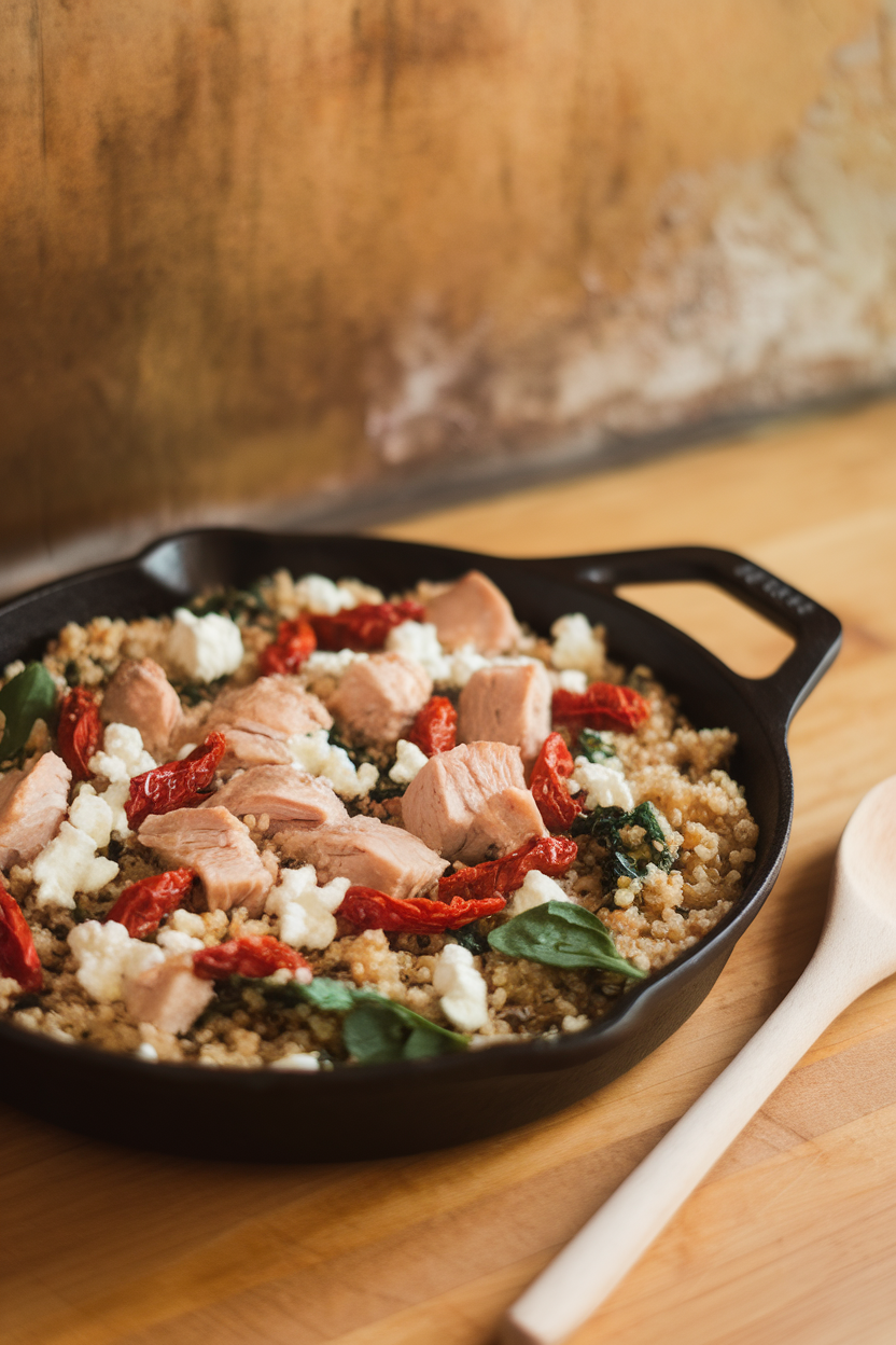 Photo of a warm indoor countertop featuring a casserole of quinoa, diced chicken breast, sun-dried tomatoes, spinach, and crumbled goat cheese. No logos or text.