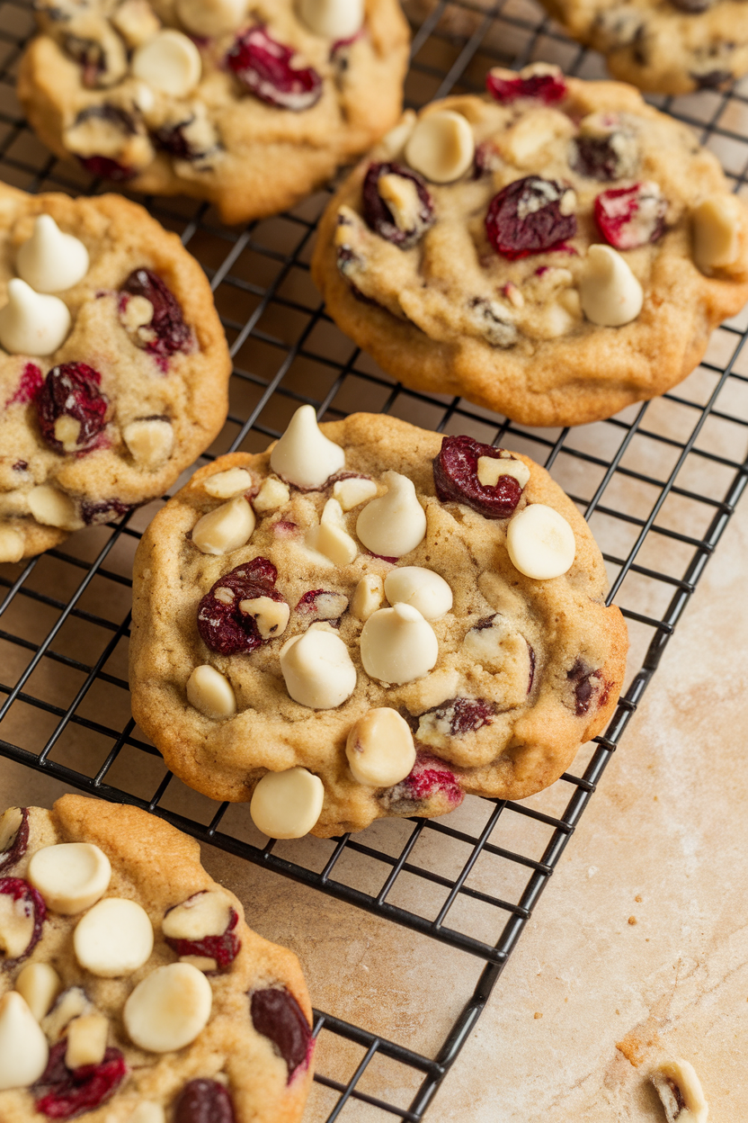 Indoor close-up of chunky cookies filled with white chocolate chips, cranberries, and macadamia nuts, resting on a cooling rack. Photo, no text or logos.