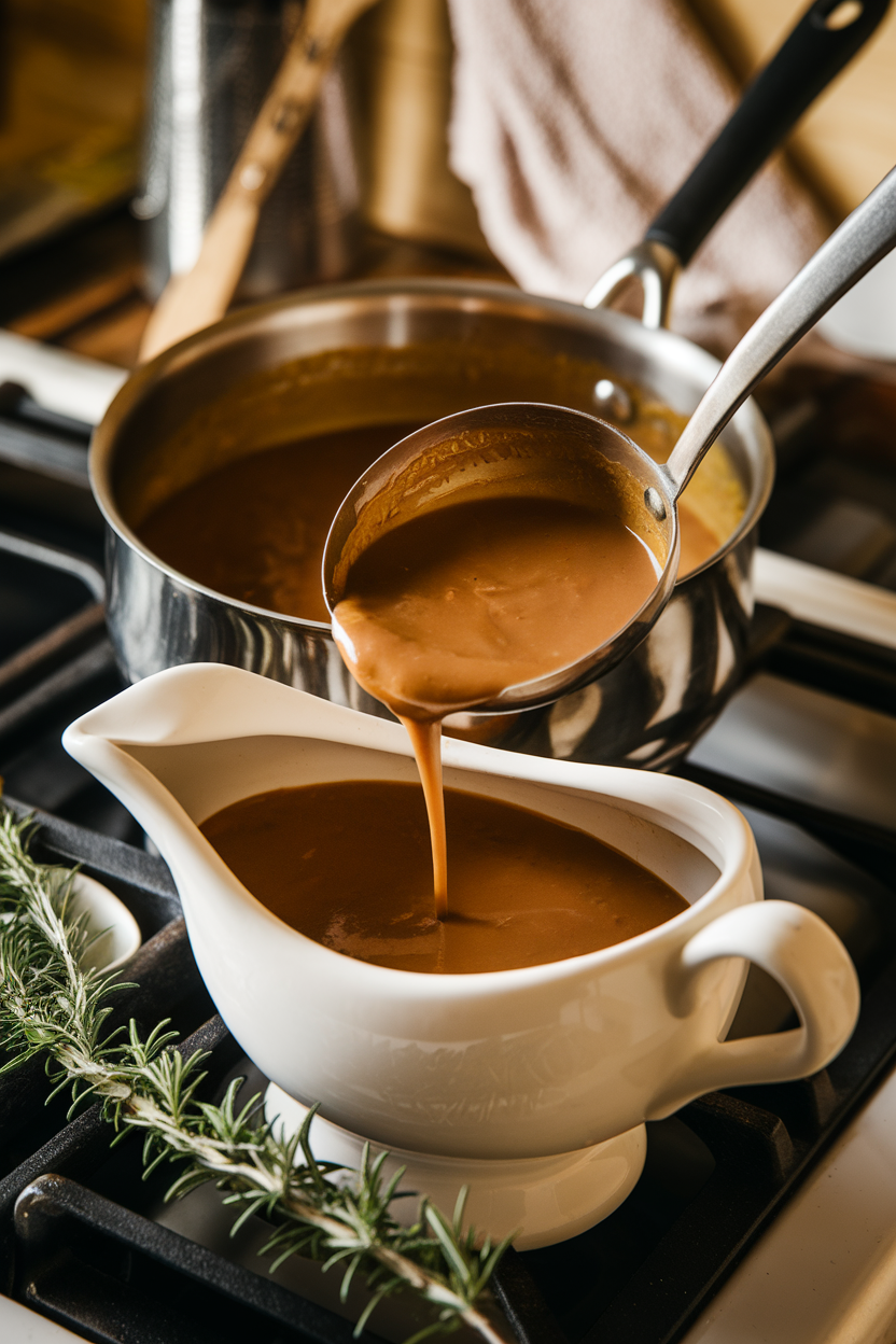 A small indoor stove-side scene with a saucepan of velvety brown gravy being ladled into a white gravy boat, sprigs of rosemary nearby. This should be a photo, not an illustration. No text or logos anywhere in the scene.