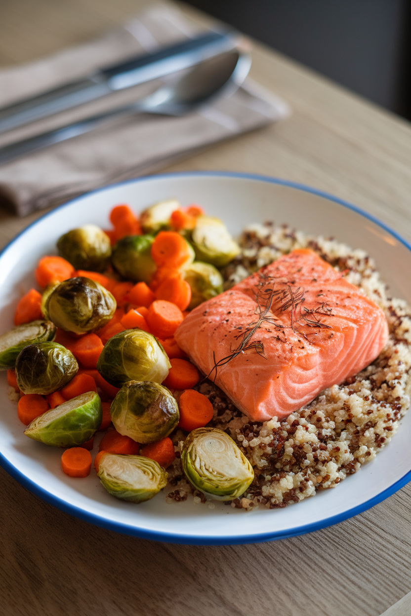 Photo of an indoor dinner plate where roasted Brussels sprouts and carrots occupy one half, while salmon and quinoa share the other half. No text or logos in scene.