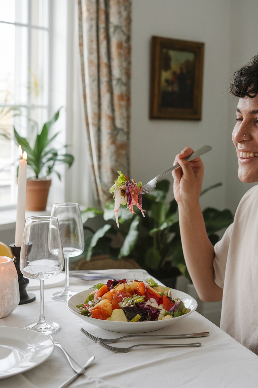 A person raising a fork with a colorful salad, smiling at a kitchen table indoors; no text or logos; photo