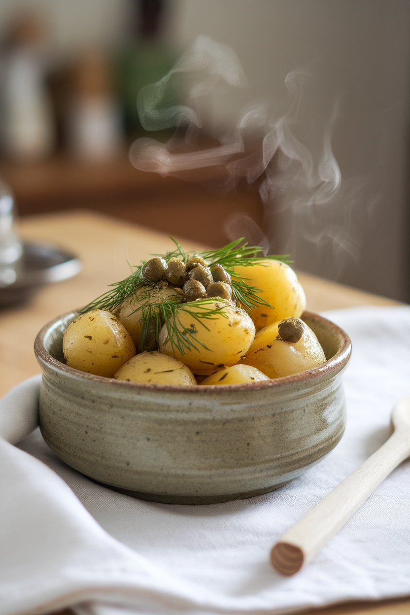 An indoor dining table featuring a ceramic bowl of baby potatoes tossed with fresh dill and capers, steam wafting gently. No text or logos. Photo.