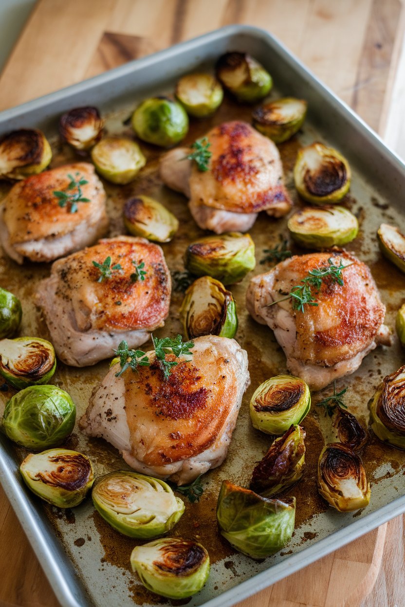 A sheet pan indoors showing roasted chicken thighs alongside halved Brussels sprouts caramelized at the edges. No text or logos.