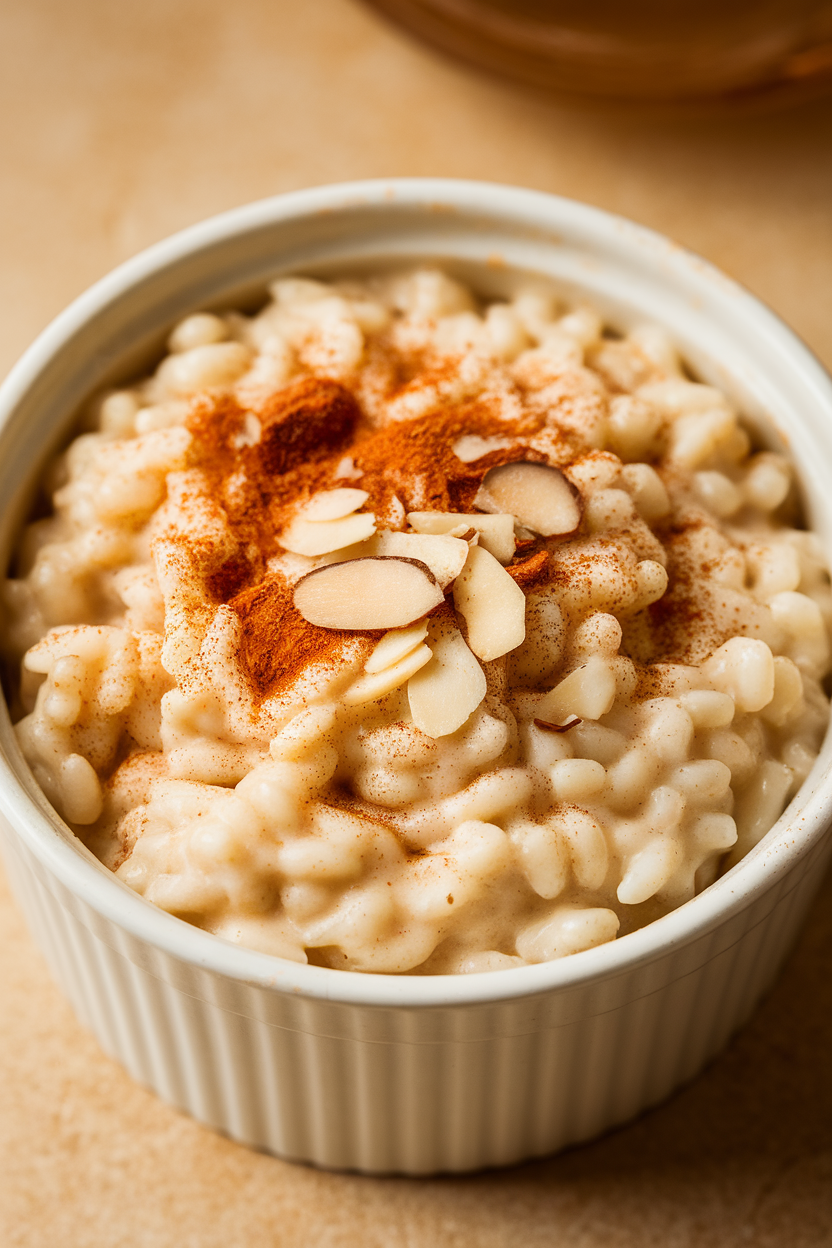 Indoor photo of creamy rice pudding topped with cinnamon and almond slivers in a ramekin, no text or logos.