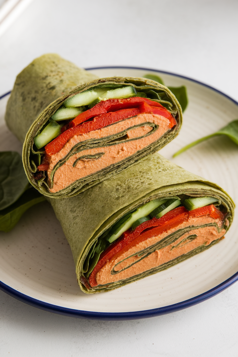 An indoor plate with a sliced wrap showing layers of hummus, roasted red peppers, cucumber ribbons, and spinach on a spinach tortilla. No logos or text visible.