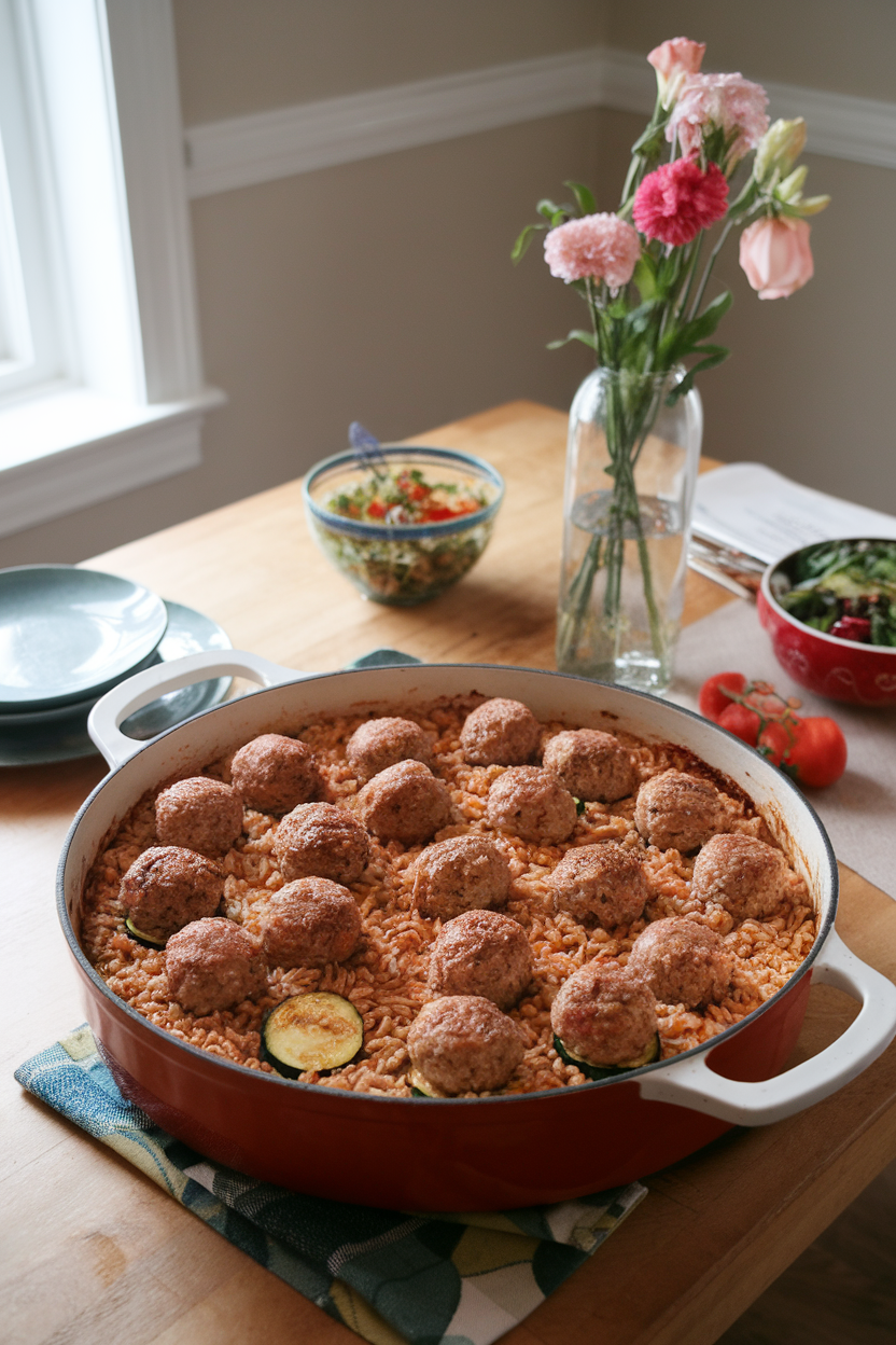 Indoor dining room image with a casserole of cooked farro, turkey meatballs, zucchini rounds, and tomato basil sauce, lightly browned. No visible brand names or text.