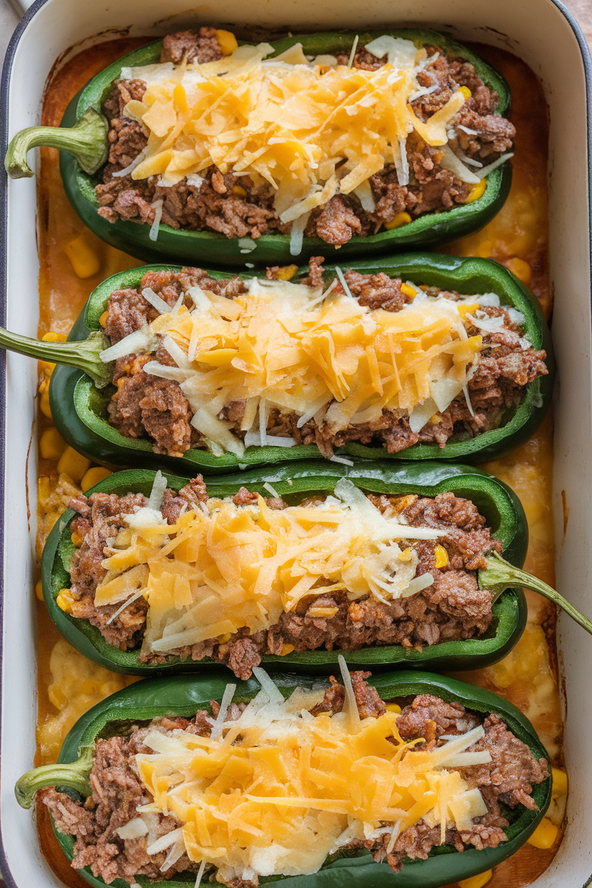 Indoor casserole dish of poblano halves brimming with beef, brown rice, and corn, cheese lightly browned—no text or logos.