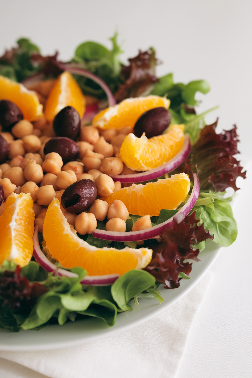 Indoor photo of a brightly colored salad featuring orange segments, chickpeas, Kalamata olives, and red onion in a white salad plate; side lighting, no text or logos